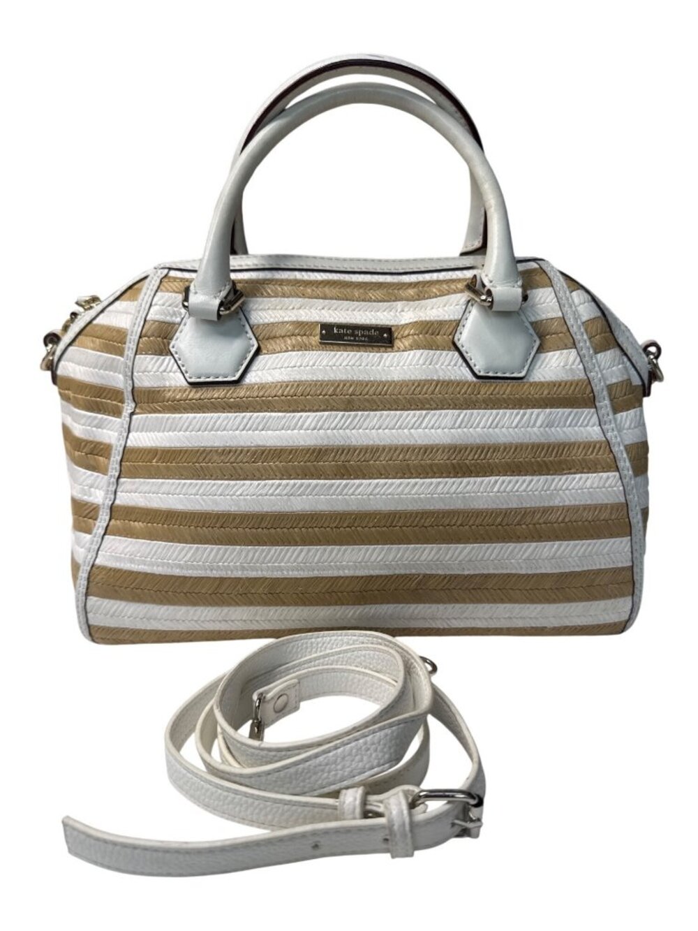 Kate Spade New York Catherine Street Pippa Handbag Striped Straw & White Leather